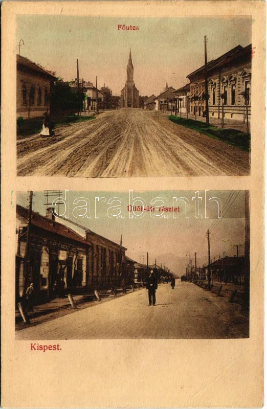 Budapest XIX. Kispest, Fő utca, Üllői út, Nagyáruház, üzlet. Thienschmiedt E. kiadása (ázott / wet damage)