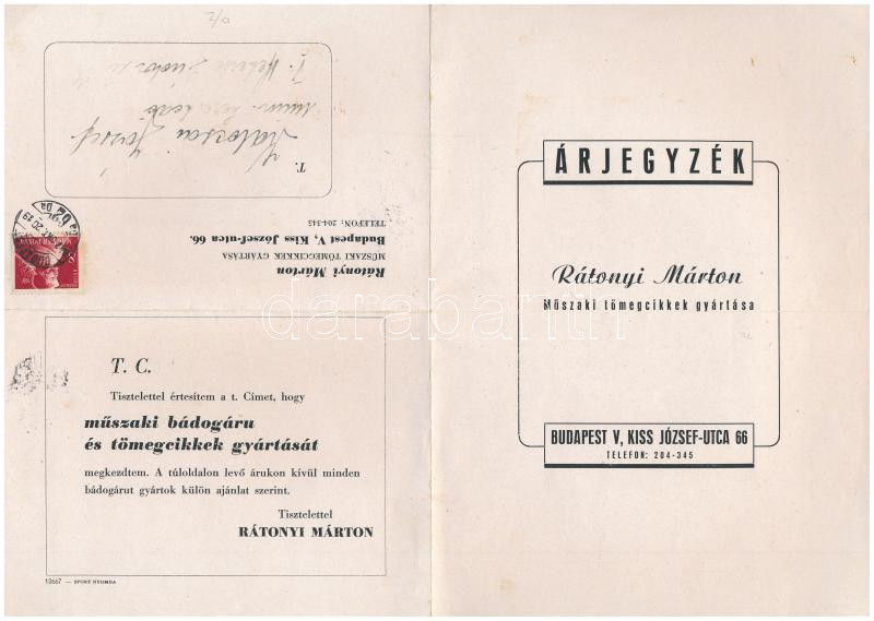 1947 Rátonyi Márton műszaki tömegcikkek gyártása. Budapest VIII. Kiss József utca 66. Árjegyzék, kihajtható reklámlap