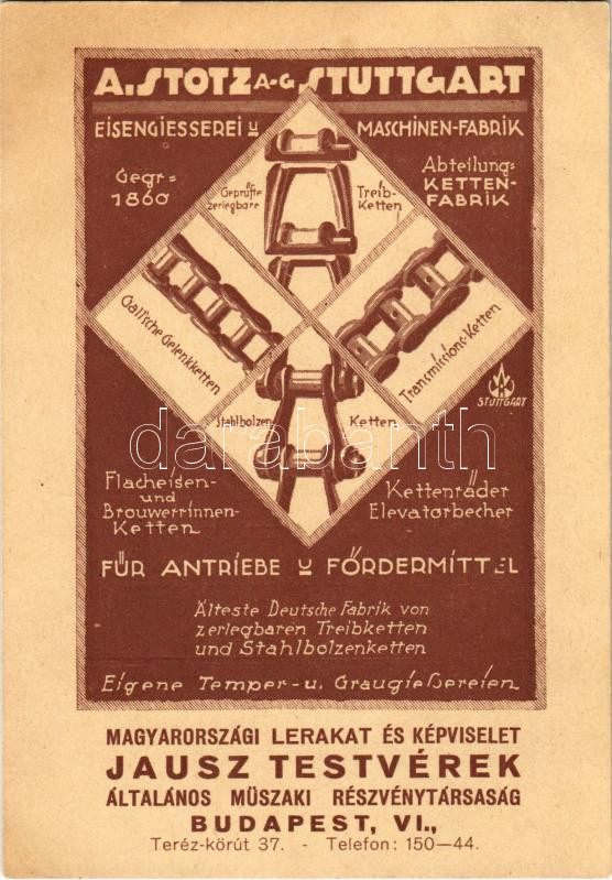 A. Stotz A.-G. Stuttgart magyarországi lerakat és képviselet Jausz Testvérek általános műszaki részvénytársaság. Budapest VI. Teréz körút 37. (EK)