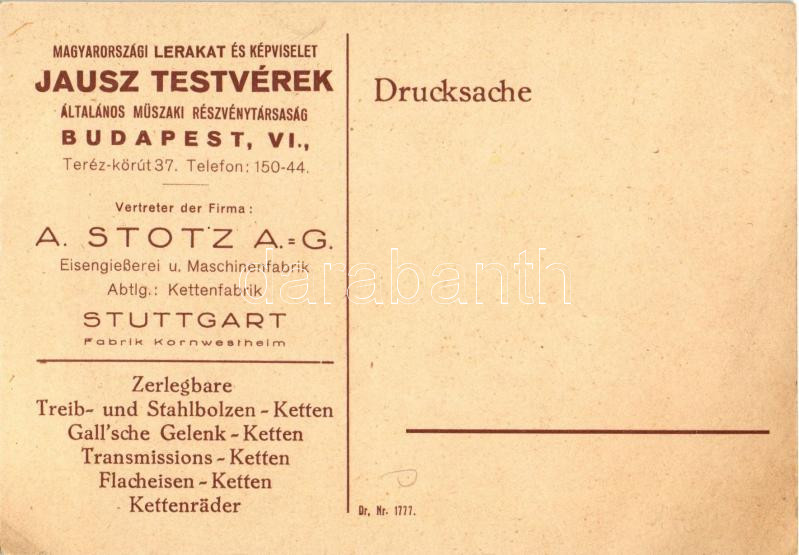 A. Stotz A.-G. Stuttgart magyarországi lerakat és képviselet Jausz Testvérek általános műszaki részvénytársaság. Budapest VI. Teréz körút 37. (EK) - Image 2