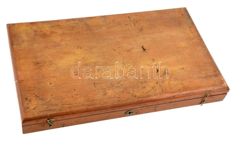 Nagy méretű régi körző készlet kompletten fa dobozban 24x38 cm - Image 4