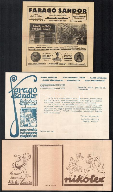 cca 1930 Szolnok, Faragó Sándor papíráruház 3 db reklám nyomtatvány