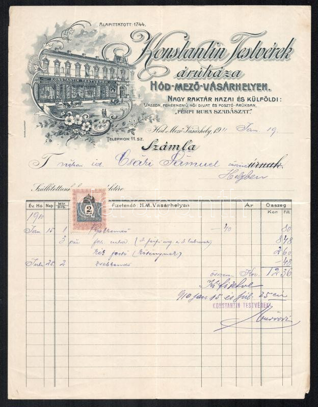 1911 Hódmezővásárhely, Konstantin testvérek ruha áruház fejléces számla