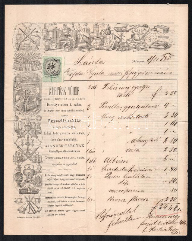 1898 Kertész Tódór ajándéktárgyak grafikus számla