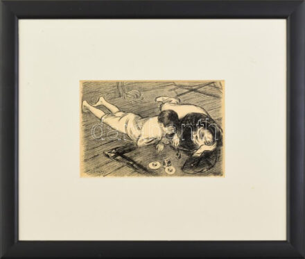 Vaszary János (1867-1939): Beszélgetők. algráfia, papír, jelzett, üvegezett fakeretben, tanusítvánnyal. 12x17 cm