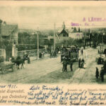 1902 Sopron, Oedenburg; Kossuth út, Kossuth út feldíszített magyar címeres villamossal, lovaskocsi. Kummert L. kiadása
