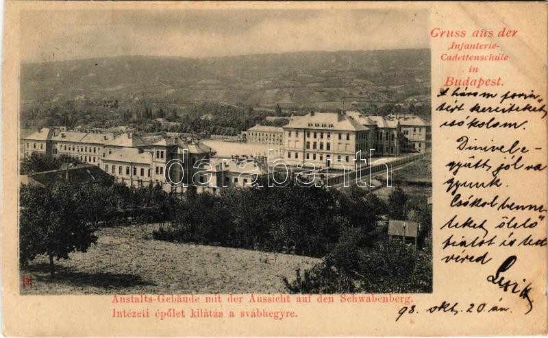 1898 (Vorläufer) Budapest II. Cs. és kir. gyalogsági kadétiskola, intézeti épület, kilátás a Svábhegyre (vágott / cut)
