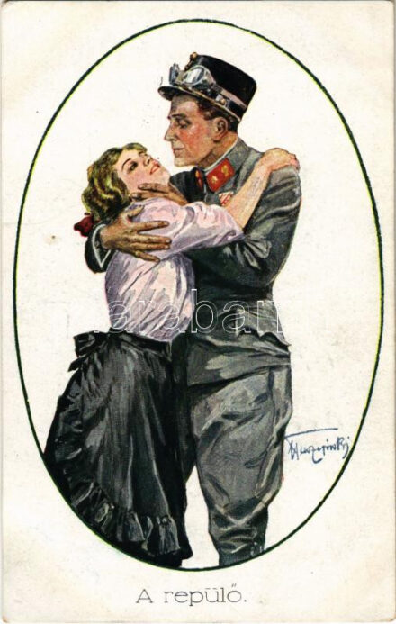 A repülő / WWI Austro-Hungarian K.u.K. military art postcard, pilot with lady. P.G.W.I. 130. artist signed (EK)