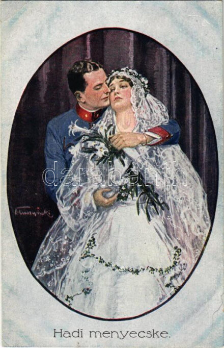 Hadi menyecske / WWI Austro-Hungarian K.u.K. military art postcard, soldier's wife, romantic couple. P.G.W.I. 139. artist signed (EK)