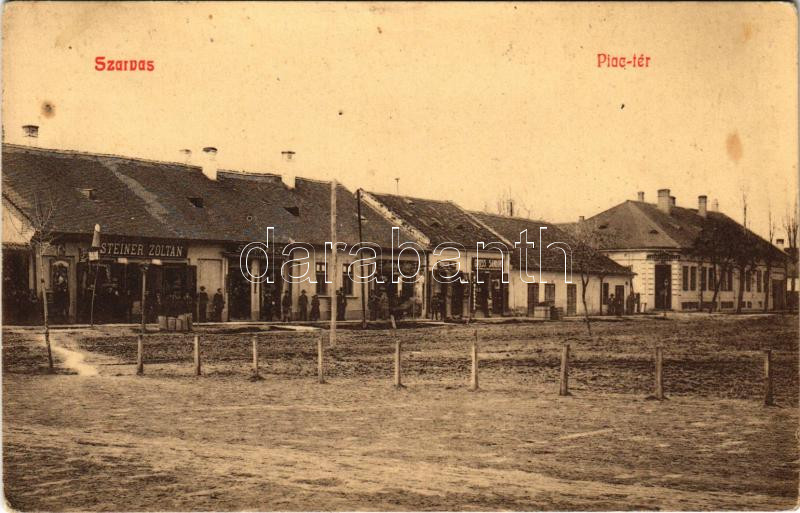 1911 Szarvas, Piac tér, Steiner Zoltán, Stern Miksa, Bárány, Töröcsik Pál és Gross Sándor üzlete. Sámuel Adolf kiadása (EK)