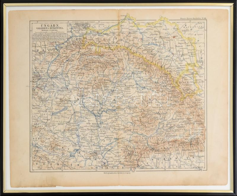 Ungarn, Galizien und Bukowina térkép cca 1900. Üvegezett keretben 26x33 cm