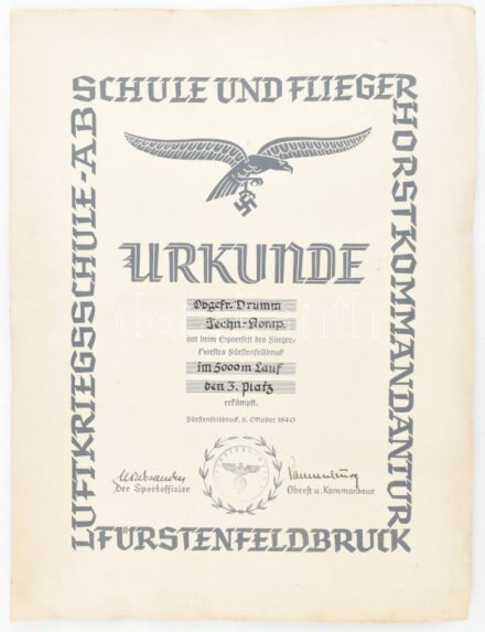 1940 Fürstenfeldbruck Hostkommandantur Repülőverseny oklevele 27x36 cm