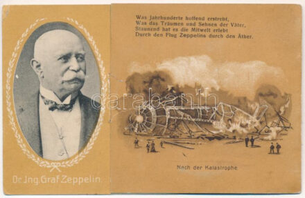 Dr. Ing. Graf Zeppelin. Nach der Katastrophe / Zeppelin léghajó a katasztrófa után. Kinyitható szecessziós litho mechanikus képeslap / Zeppelin airship after the catastrophe. Art Nouveau folding mechanical litho postcard (hajtásnál szakadt