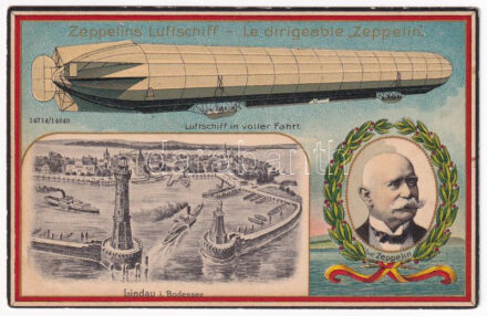 Zeppelins' Luftschiff - Le dirigeable Zeppelin. Luftschiff in voller Fahrt, Lindau i. Bodensee / Graf Zeppelin, Zeppelin kormányozható léghajó, szecessziós dombornyomott litho / Zeppelin controllable airship. H. Guggenheim & Co. No.