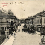 1907 Újvidék, Novi Sad; Duna utca, Ivkovits Milan, Dietzgem Söhne üzlete, vonuló katonák / street, shops, marching soldiers