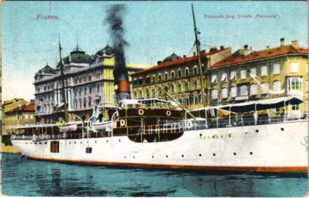 1913 Cunard Magyar-Amerikai vonal. Pannónia kivándorlási hajó Fiume kikötőjében / Piroscafo Ung. Croata Pannonia / Cunard Hungarian-American Line. Emigration ship Cunard Line RMS Pannonia in Rijeka