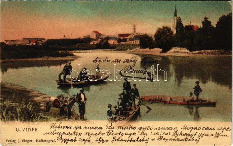 1908 Újvidék, Novi Sad; Dunai csónakosok. J. Singer kiadása / boats on river Danube