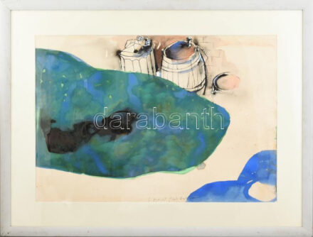 Bunus, Ioan (1952-): Hordók, 1995. Akvarell, papír. Jelezve középen lent. Üvegezett fakeretben. 64×85 cm. / Bunus, Ioan 1952-), Romanian-Transylvanian painter: Barrels. Watercolour on paper, signed, framed