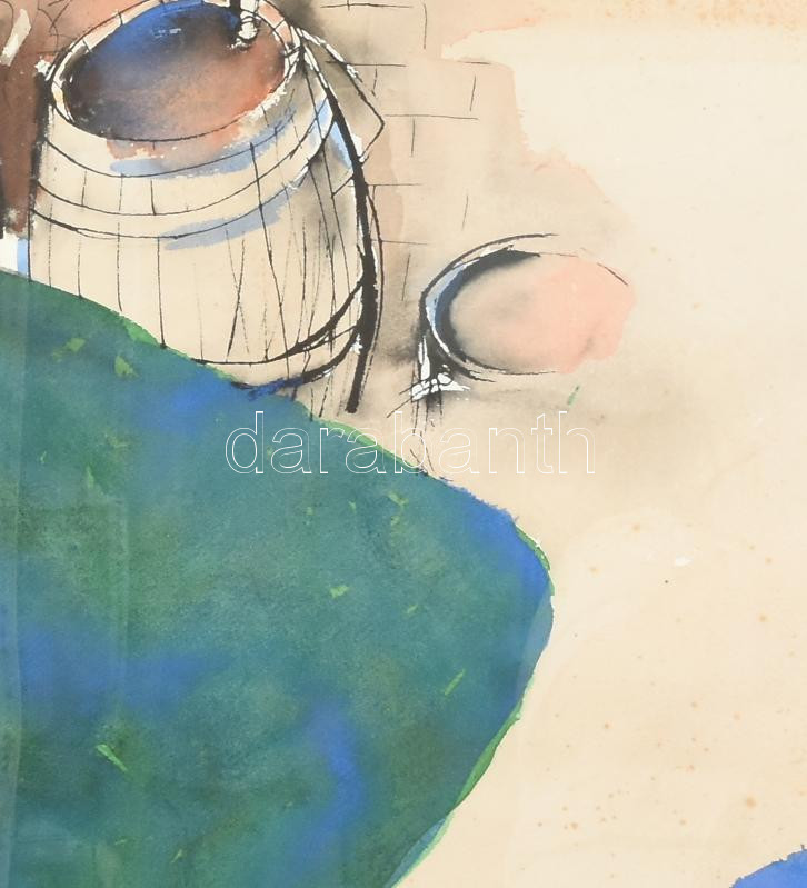 Bunus, Ioan (1952-): Hordók, 1995. Akvarell, papír. Jelezve középen lent. Üvegezett fakeretben. 64×85 cm. / Bunus, Ioan 1952-), Romanian-Transylvanian painter: Barrels. Watercolour on paper, signed, framed - Image 2