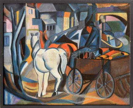 Olvashatatlan (Schönberger?) jelzéssel: Lovaskocsi. Pasztell, papír. Üvegezett fakeretben. 49,5×60 cm. /