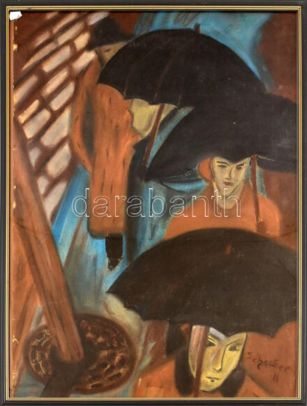 Scheiber H jelzéssel: Séta az esőben. Pasztell, papír. Üvegezett keretben. 66×50 cm.