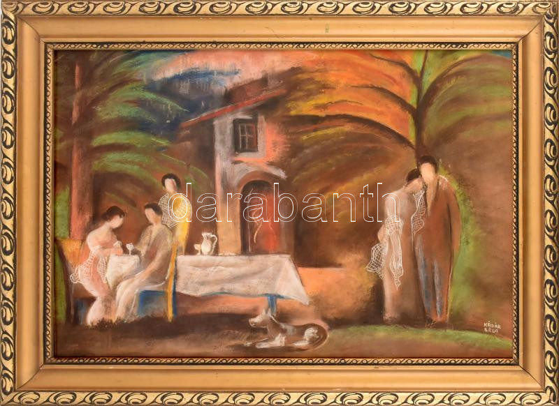 Kádár Béla jelzéssel: Társaság. Pasztell, papír. Üvegezett fakeretben. 44×60 cm.