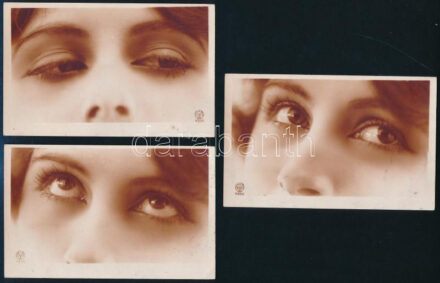 1927 Női szempár, 3 db megírt fotólap Noyer műterméből, 8,5×13,5 cm