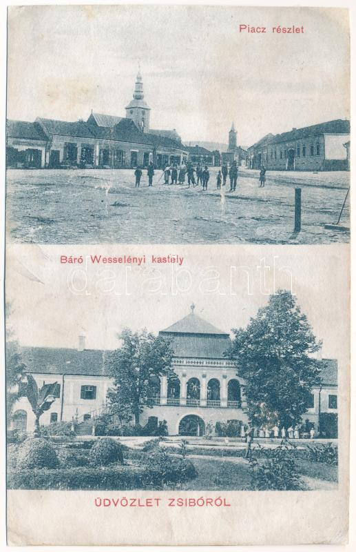 Zsibó, Jibou; Piac, Báró Wesselényi kastély, Róth Márkusz üzlete / square, shop, castle (r)