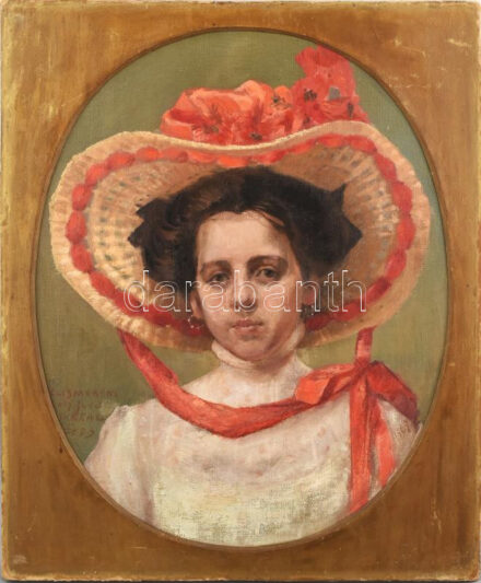 XX. sz. elején működött magyar festő: Kalapos hölgy portréja, 1909. Olaj, vászon. Jelzés nélkül. Balra lent Restaurált. Paszpartuban. 57,5×46,5 cm. / Hungarian painter: Lady in hat, 1909. Oil on canvas, unsigned. Restored.