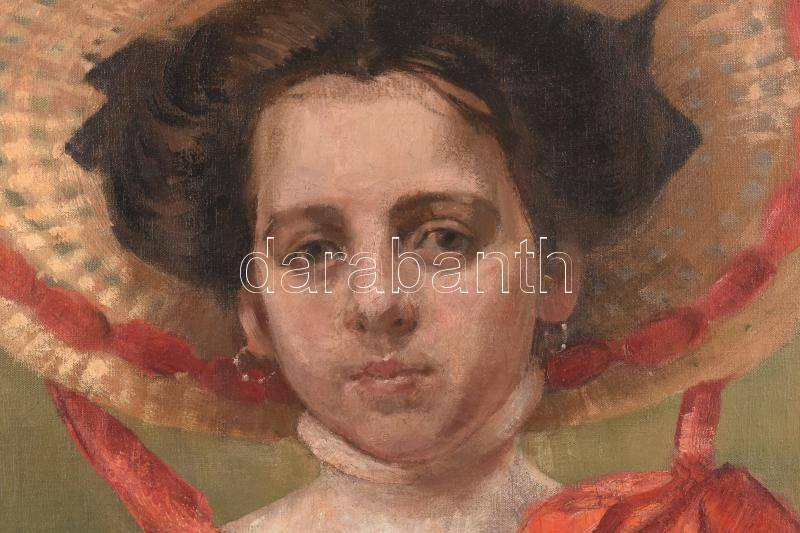 XX. sz. elején működött magyar festő: Kalapos hölgy portréja, 1909. Olaj, vászon. Jelzés nélkül. Balra lent Restaurált. Paszpartuban. 57,5×46,5 cm. / Hungarian painter: Lady in hat, 1909. Oil on canvas, unsigned. Restored. - Image 2