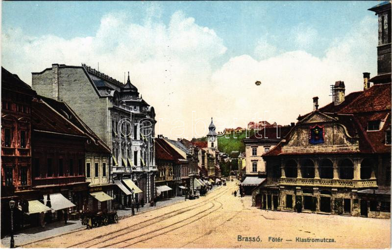 Brassó, Kronstadt, Brasov; Fő tér, Klastrom utca, üzletek. Zeidner H. kiadása / main square, street, shops