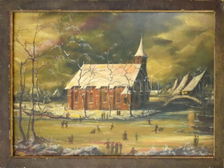 Jelzés nélkül: Élet télen. Olaj, vászon. Kissé sérült. Üvegezett fakeretben. 64×91 cm.