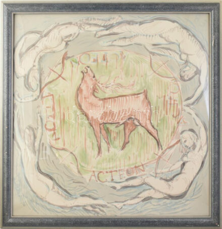 Ferenczy Béni (1890-1967): Acteon. Akvarell, selyem. Jelezve balra fent és jobbra fent: FB. Üvegezett fakeretben. 78x78 cm / watercolour on silk, signed, framed