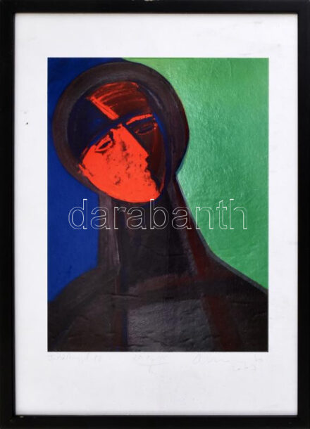 Aknay János (1949-): Festőangyal. Computer print, merített papír, jelzett, művészpéldány. 21x16 cm. Üvegezett fakeretben.