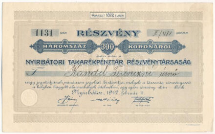 Nyírbátor 1912. 'Nyírbátori Takarékpénztár Részvénytársaság' névre szóló részvénye 300K-ról, szárazpecséttel, szelvénnyel T:AU kis folt