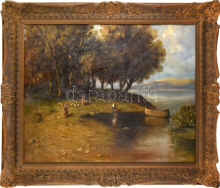 Jelzés nélkül: Vízparton. Olaj, vászon. Javított. 80x98,5 cm. Dekoratív, kissé sérült fakeretben. KIZÁRÓLAG SZEMÉLYES ÁTVÉTEL, NEM POSTÁZZUK! / ONLY PERSONAL COLLECTION AT OUR OFFICE!