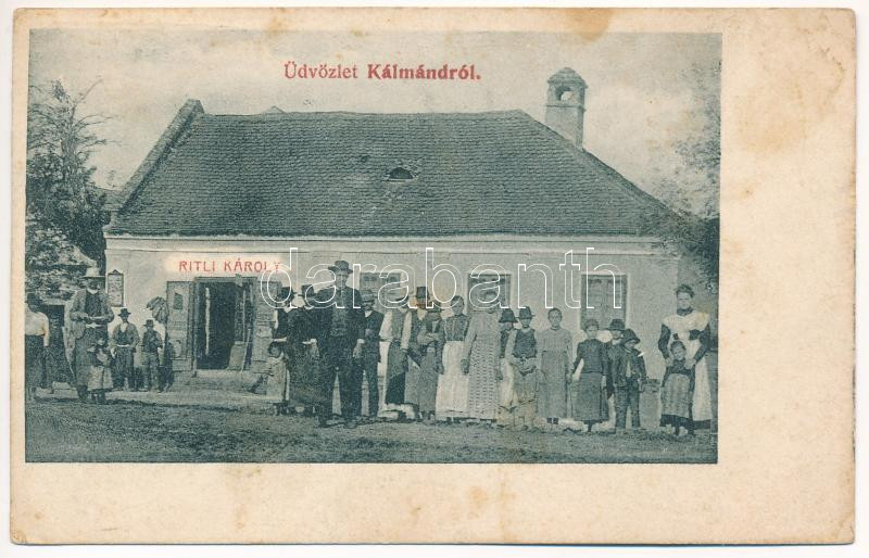 1908 Kálmánd, Camin; Ritli Károly üzlete. Divald Károly fia kiadása / shop + 'KÁLMÁND POSTAI ÜGYN' (EK)