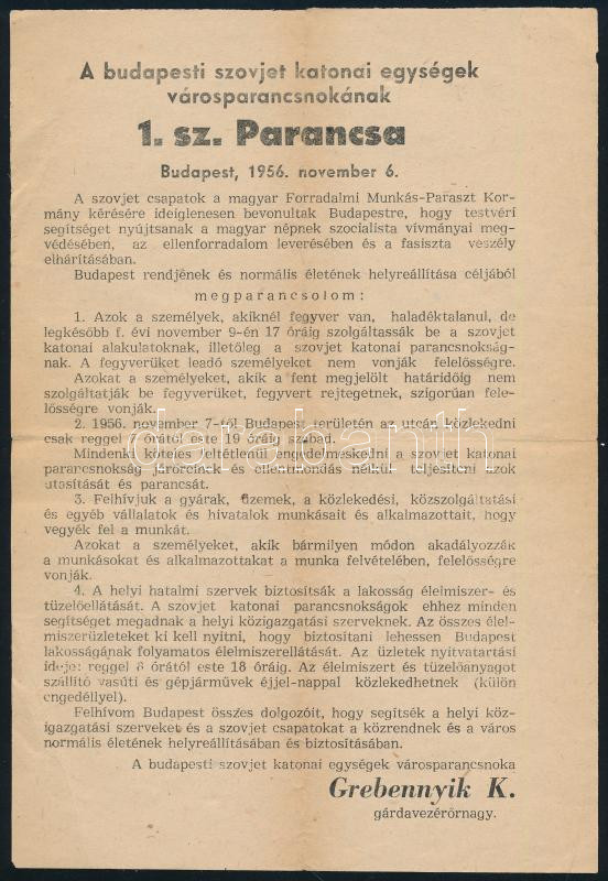 1956 november 6. a budapesti szovjet katonai egységek parancsnokának 1. sz. parancsa
