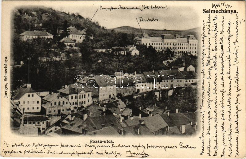 1905 Selmecbánya, Schemnitz, Banská Stiavnica; Rózsa utca, Főiskola, Muszka kamara, Schramek Lajos üzlete. Joerges / street, school, shops (fl)