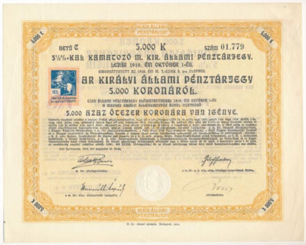 Budapest 1916. '5 1/2%-kal Kamatozó Magyar Királyi Állami Pénztárjegy' 5000K-ról vízjeles papíron, szárazpecséttel, bélyeggel, bélyegzéssel T:XF több kisebb hajtással