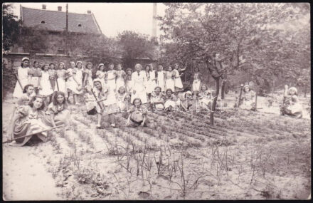 cca 1930 Bp., intézeti lányok kertészfoglalkozáson, fotólap, 9×14 cm