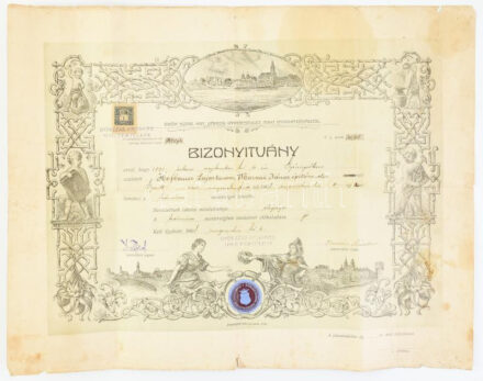 1908 Győr kőműves ipartestületi bizonyítvány szakadásokkal 40x50 cm