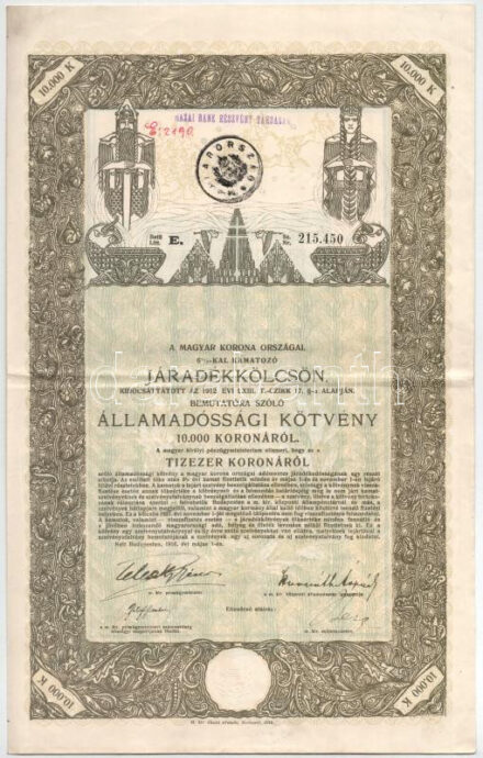 Budapest 1916. 'A Magyar Korona Országai 6%-kal kamatozó Járadékkölcsön' államadóssági kötvénye 10.000K-ról szelvényekkel, felülbélyegzéssel, szárazpecséttel T:F