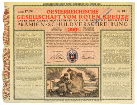 Ausztria / Bécs 1916. 'Osztrák Vöröskereszt' 20K értékű nyereménykötvénye, bélyegzéssel T:AU,XF nagyobb sarokhajlás Austria / Vienna 1916. 'Oesterreichische Gesellschaft vom Roten Kreuze' (Red Cross) premium debenture about 20 Corona