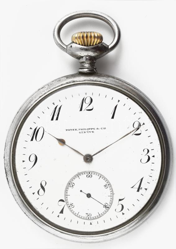 Patek Philippe zsebóra, XX. sz. eleje. Másodpercmutatós, szép számlappal, fém tokkal. Működő, jó állapotban, d: 53 mm / Patek Philippe pocket watch with metal case, in working, good condition