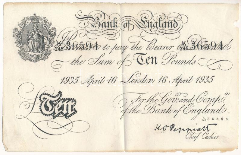 Nagy-Britannia 1935. 10P 'K145 36594' T:F szakadás, kis anyaghiány Great Britain 1935. 10 Pounds 'K145 36594' C:F tear, small material error Krause P#336