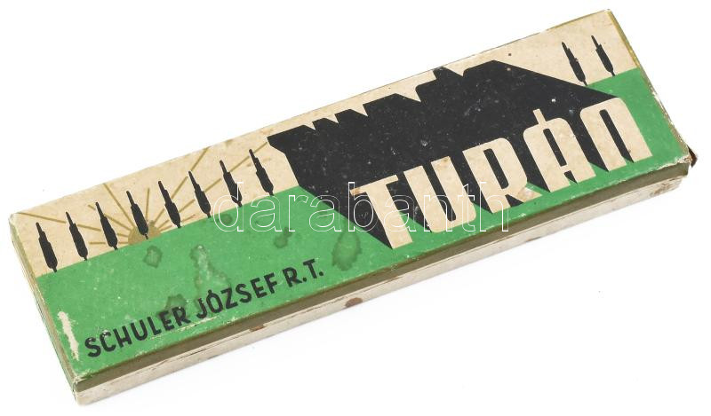 Schuler József Rt. 'Turán' régi karton ceruzatartó doboz, 12 db ceruzával, kopott, 18x5,5 cm - Image 2