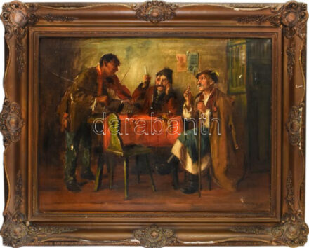 Horváth G. Andor (1876-?): Mulatozók. Olaj, vászon, egy kis szakadás, jelzett, sérült keretben, 60×80 cm Budapesten Karlovszky Bertalan, Lotz Károly tanítványa volt, majd Bécsben folytatta tanulmányait a Képzőművészeti