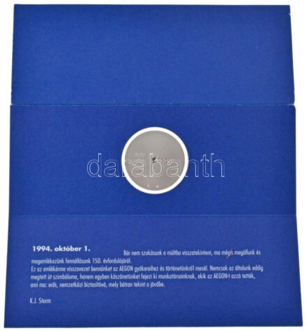 Hollandia 1994. október 1. 'AEGON fennállásának 150. évfordulója' Ag emlékérem a Holland Állami Pénzverde kiadásában magyar nyelvű tájékoztatóval (0.720/38mm) T:PP Netherlands 1994. 'AEGON 150th anniversary' Ag medallion from the