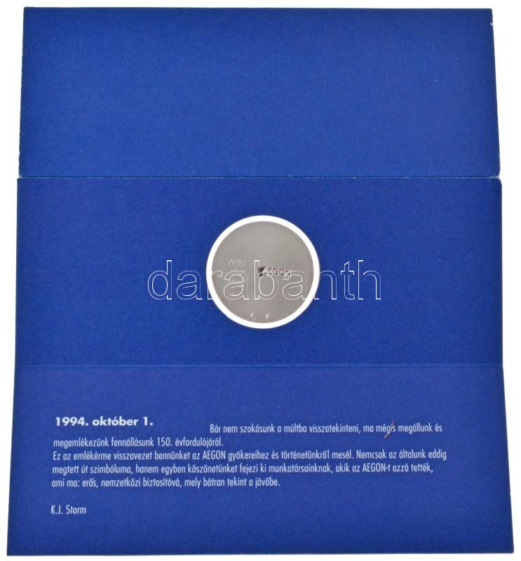 Hollandia 1994. október 1. 'AEGON fennállásának 150. évfordulója' Ag emlékérem a Holland Állami Pénzverde kiadásában magyar nyelvű tájékoztatóval (0.720/38mm) T:PP Netherlands 1994. 'AEGON 150th anniversary' Ag medallion from the